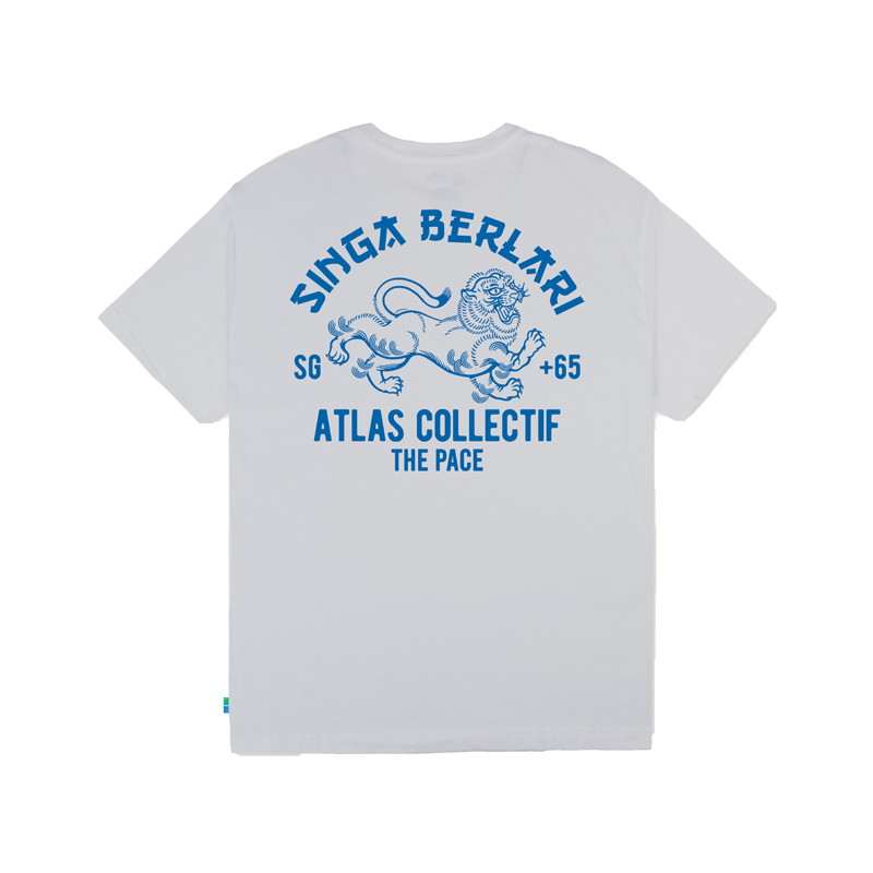 white cotton tee with a singa belari print